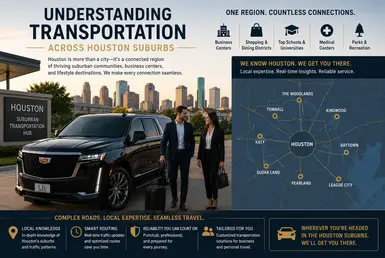 Luxury transportation across Houston suburbs featuring a black Cadillac Escalade, professional travelers, and regional connections between major suburban communities surrounding Greater Houston.