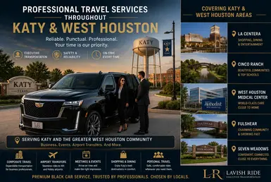 Luxury black Cadillac Escalade providing professional travel services throughout Katy and West Houston with executive travelers, upscale suburban communities, and premium transportation connections across the Greater West Houston area.
