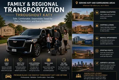 Family and regional transportation service throughout Katy featuring a black Cadillac Escalade, family travelers, and luxury transportation for schools, shopping, medical visits, airports, and regional travel across West Houston.