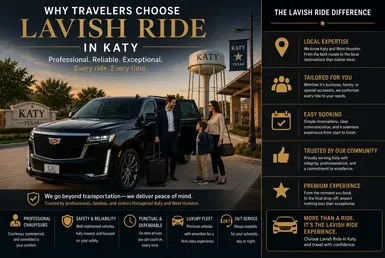 Luxury black Cadillac Escalade with family and business travelers in Katy, Texas, representing premium chauffeur transportation services across Katy and West Houston with professional, reliable, and upscale travel experiences.