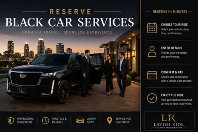 Luxury black Cadillac Escalade with professional chauffeur and travelers, representing premium black car reservation services with seamless Katy executive transportation experience.