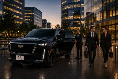 Luxury black Cadillac Escalade with Lavish Ride branded license plate and professional chauffeur serving executive travelers throughout The Woodlands business district surrounded by modern corporate office buildings at dusk.