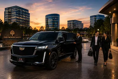 Luxury black Cadillac Escalade with Lavish Ride branded license plate providing executive transportation throughout The Woodlands and North Houston business districts with professional chauffeur service at sunset.