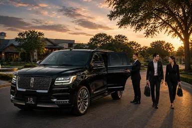 Luxury black Lincoln Navigator with Lavish Ride branded license plate providing executive suburban transportation throughout North Houston with professional chauffeur service and business travelers in an upscale residential setting at sunset.