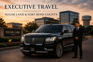 Luxury black Lincoln Navigator with Lavish Ride branded license plate and professional chauffeur providing executive transportation throughout Sugar Land and Fort Bend County with upscale business district backdrop at sunset.