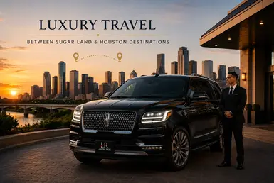 Luxury black Lincoln Navigator with Lavish Ride branded license plate and professional chauffeur providing upscale transportation between Sugar Land and Houston destinations with Houston skyline backdrop at sunset.