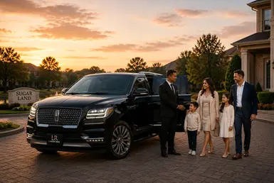 Luxury family and executive transportation service in Sugar Land featuring a black Lincoln Navigator with Lavish Ride branded license plate, professional chauffeur, and family travelers in an upscale suburban neighborhood at sunset.