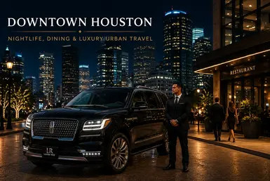 Alt: Luxury black Lincoln Navigator with Lavish Ride branded license plate and professional chauffeur outside upscale Downtown Houston restaurants and nightlife destinations with illuminated Houston skyline at night.
