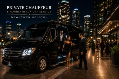 Professional chauffeur assisting a stylish group exiting a black Mercedes-Benz Sprinter van in Downtown Houston nightlife district with illuminated skyline, upscale venues, and Lavish Ride branded luxury transportation service at night.