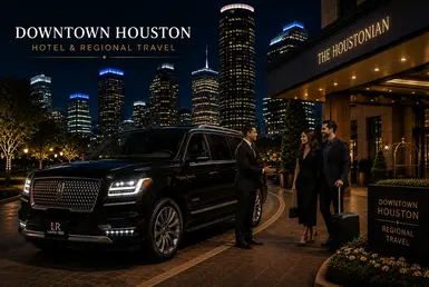 Luxury black Lincoln Navigator with Lavish Ride branded license plate parked outside an upscale Downtown Houston hotel as a professional chauffeur greets elegant travelers beneath the illuminated Houston skyline at night.