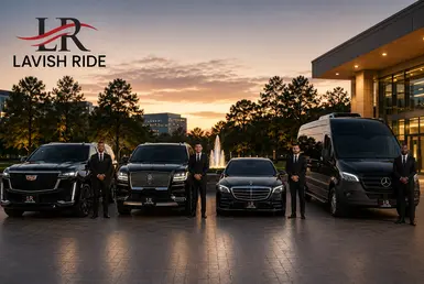 Luxury chauffeur transportation fleet featuring a Cadillac Escalade, Lincoln Navigator, Mercedes-Benz S-Class, and Mercedes-Benz Sprinter van with professional chauffeurs and Lavish Ride branding outside a modern executive building at sunset.