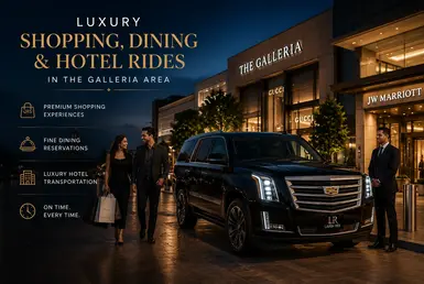 Luxury black Cadillac Escalade with Lavish Ride branded license plate providing upscale shopping, dining, and hotel transportation in Houston’s Galleria area with elegant travelers, luxury retail destinations, and premium hotel entrances at night.