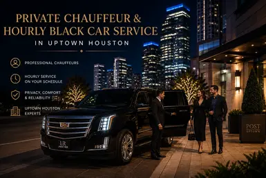 Luxury black Cadillac Escalade with Lavish Ride branded license plate and professional chauffeur providing private chauffeur and hourly black car service in Uptown Houston with upscale travelers, illuminated high-rise buildings, and luxury hotel surroundings at night.