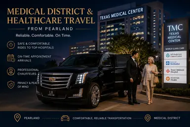 Luxury black Cadillac Escalade with Lavish Ride branded license plate providing medical district and healthcare transportation from Pearland with professional chauffeur assisting a patient outside Houston’s Texas Medical Center at night.