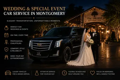 Alt: Elegant bride and groom beside a luxury black Cadillac Escalade with Lavish Ride branded license plate outside a Montgomery wedding venue at night, representing premium wedding and special event transportation services.