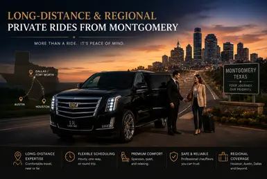 Luxury black Cadillac Escalade with Lavish Ride branded license plate providing long-distance and regional private transportation from Montgomery with professional chauffeur, elegant travelers, Texas highway routes, and illuminated city skyline at sunset.