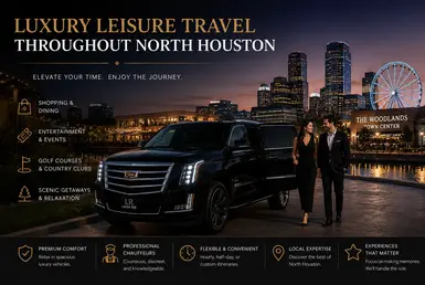 Luxury black Cadillac Escalade with Lavish Ride branded license plate providing upscale leisure transportation throughout North Houston with elegant travelers, entertainment destinations, shopping districts, and The Woodlands Town Center skyline at dusk.