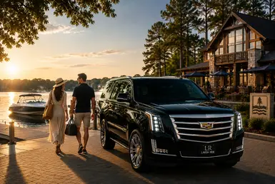 Luxury black Cadillac Escalade with Lavish Ride branded license plate parked beside a Lake Conroe resort at sunset with elegant travelers, waterfront views, private dock, and upscale leisure travel atmosphere.