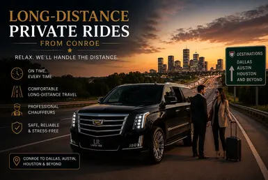 Luxury black Cadillac Escalade with Lavish Ride branded license plate providing long-distance private transportation from Conroe with elegant travelers, Texas highway views, professional chauffeur service, and illuminated city skyline at sunset.