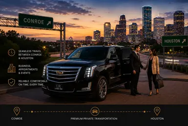 Luxury black Cadillac Escalade with Lavish Ride branded license plate providing regional transportation between Conroe and Houston with professional chauffeur service, upscale travelers, highway mobility, and illuminated Houston skyline at dusk.