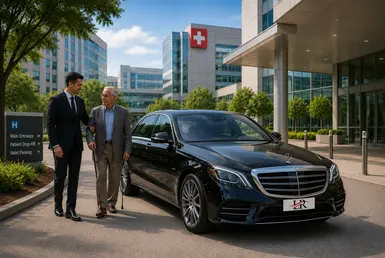 Professional chauffeur assisting a passenger beside a luxury black sedan outside the Texas Medical Center healthcare district in Houston, surrounded by modern hospital buildings and upscale medical campus surroundings for Medical Appointment Ride.