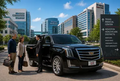 Luxury Cadillac Escalade chauffeur service transporting medical visitors between the Texas Medical Center and Houston healthcare districts, with a professional driver assisting passengers outside modern hospital buildings in Houston.