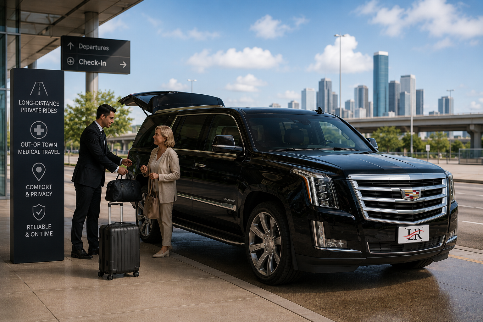 Luxury long-distance private car service for out-of-town medical travel, featuring a premium black SUV on a Texas highway with professional chauffeur support, comfortable executive transportation, and a refined travel experience for patients and families traveling to Houston medical facilities.