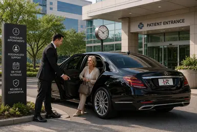 Luxury chauffeur assisting an elderly woman during a scheduled medical appointment outside a modern Houston healthcare facility, beside a black executive sedan, representing hourly private transportation support for patient Appointments.
