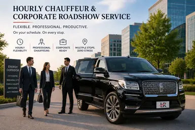 Professional hourly chauffeur and corporate roadshow service in Houston Energy Corridor featuring a luxury black Lincoln Navigator SUV with Lavish Ride LR plate, executive passengers, and a private chauffeur outside modern office buildings for business transportation and multi-stop corporate travel.