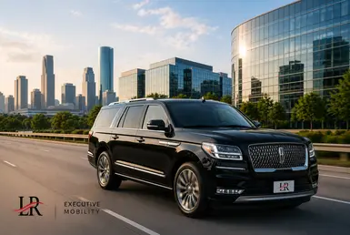 Luxury black Lincoln Navigator SUV with Lavish Ride LR plate driving through Houston’s Energy Corridor business district, representing executive mobility and private corporate transportation between major Houston districts with a modern skyline and upscale office buildings in the background.