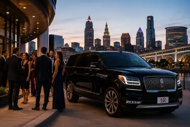 Luxury black Lincoln Navigator SUV with Lavish Ride plate parked outside a Cleveland waterfront venue at dusk, surrounded by professionally dressed guests attending a private event, with the Cleveland skyline city architecture in the background.