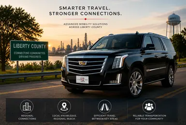 Luxury black Cadillac Escalade with Lavish Ride logo plate driving through Liberty County at sunset, representing regional mobility and private transportation connectivity between local communities, industrial corridors, & surrounding Texas destinations.
