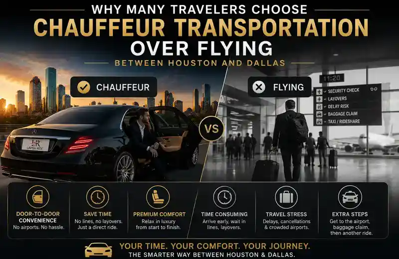 Comparison infographic showing luxury chauffeur transportation versus flying between Houston and Dallas, featuring a premium black sedan with Lavish Ride branding on one side and an airport traveler on the other, highlighting comfort, convenience, and stress-free intercity travel.
