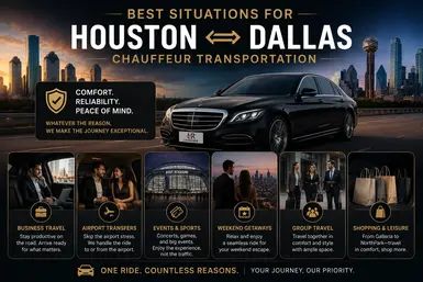 Luxury chauffeur transportation infographic showing common travel scenarios between Houston and Dallas, including business trips, airport transfers, sporting events, weekend getaways, group travel, and shopping excursions, alongside a premium black sedan.