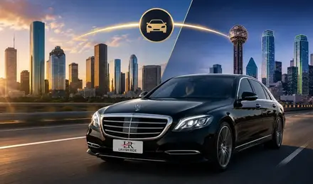 Luxury black sedan with Lavish Ride branding traveling between the Houston and Dallas skylines at sunset, representing premium intercity chauffeur transportation in Texas.