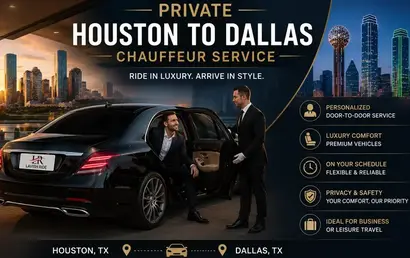 Professional chauffeur opening the door of a luxury black sedan with Lavish Ride branding for a passenger during private Houston to Dallas transportation service, with upscale city skyline backgrounds and premium travel atmosphere.