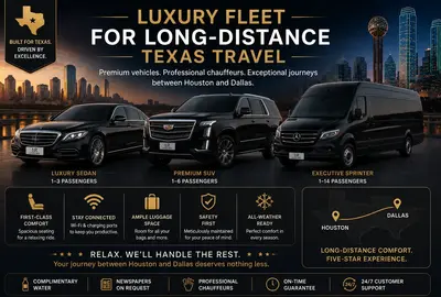 Luxury fleet lineup for long-distance Texas travel featuring a premium sedan, executive SUV, and Sprinter van with Lavish Ride branding, set against Houston and Dallas skyline backgrounds with upscale chauffeur transportation styling.