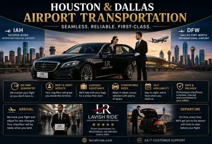 Luxury airport transportation graphic featuring a professional chauffeur assisting a passenger into a premium black sedan with Lavish Ride branding, set between Houston and Dallas airport skylines with upscale travel service visuals.