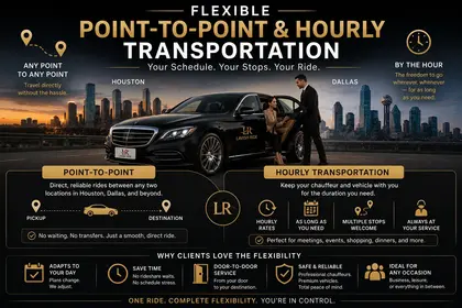 Luxury black sedan with Lavish Ride branding providing flexible point-to-point and hourly transportation service, featuring professional chauffeur travel, upscale city backgrounds, and premium door-to-door mobility for business and leisure travelers.