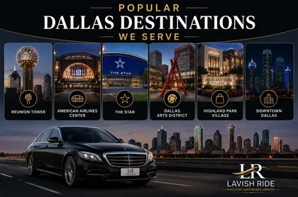 Luxury transportation graphic featuring a premium black sedan with Lavish Ride branding arriving at popular Dallas destinations, including upscale shopping, downtown business districts, entertainment venues, and luxury hotels, with minimal wording and elegant city skyline visuals.