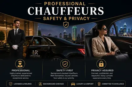 Luxury chauffeur standing beside a premium black sedan with Lavish Ride branding, representing professional chauffeur service, passenger safety, privacy, and discreet executive transportation against an upscale city backdrop.