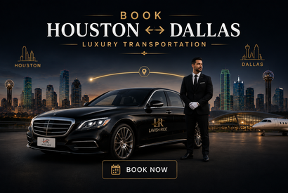 Luxury black sedan with Lavish Ride branding and professional chauffeur positioned between the Houston and Dallas skylines at night, promoting premium intercity transportation with minimal wording and upscale executive travel styling.