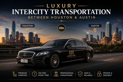 Luxury black sedan with Lavish Ride branding traveling between the Houston and Austin skylines at sunset, representing premium intercity chauffeur transportation with executive comfort, private travel, and professional service.