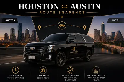 Luxury Cadillac Escalade with Lavish Ride branding positioned between the Houston and Austin skylines, illustrating a premium intercity route snapshot with executive SUV transportation, private chauffeur service, and travel distance.