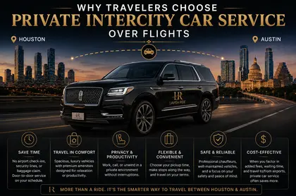 Luxury Lincoln Navigator with Lavish Ride branding parked between Houston and Austin skylines, comparing private intercity chauffeur transportation to commercial flights with emphasis on comfort, privacy, flexibility, and stress-free long-distance travel.