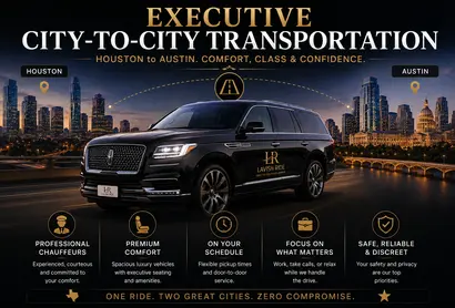 Luxury executive transportation scene featuring a premium black SUV with Lavish Ride branding and a professional chauffeur, representing private city-to-city travel between major Texas business destinations with upscale urban skyline backgrounds.