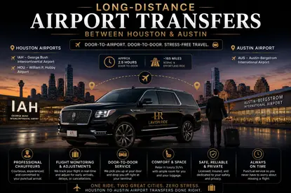 Luxury Lincoln Navigator with Lavish Ride branding positioned between Houston and Austin airport terminals at sunset, representing premium long-distance airport transfer service with professional chauffeur transportation, executive travel comfort, and seamless door-to-door service.