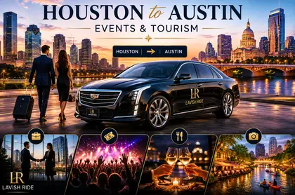 Luxury Cadillac sedan with Lavish Ride branding transporting travelers between Houston and Austin, surrounded by scenes of concerts, fine dining, sightseeing, and upscale tourism experiences, representing premium intercity transportation for events and leisure travel.