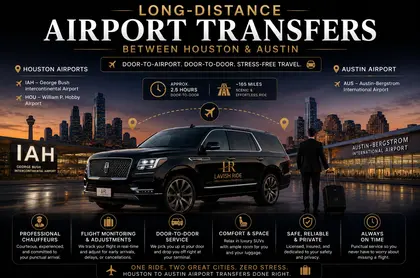 Luxury black SUV with Lavish Ride branding providing non-emergency medical transportation between Houston and Austin, featuring professional chauffeur assistance, comfortable executive seating, and safe long-distance patient travel with a calm healthcare-focused atmosphere.