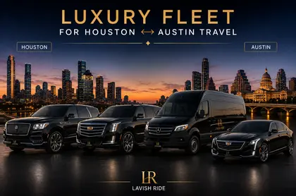 Luxury fleet lineup for Houston to Austin travel featuring a Lincoln Navigator, Cadillac Escalade, Mercedes Sprinter van, and Cadillac sedan with Lavish Ride logo license plates, positioned against upscale Texas skyline backgrounds at sunset.